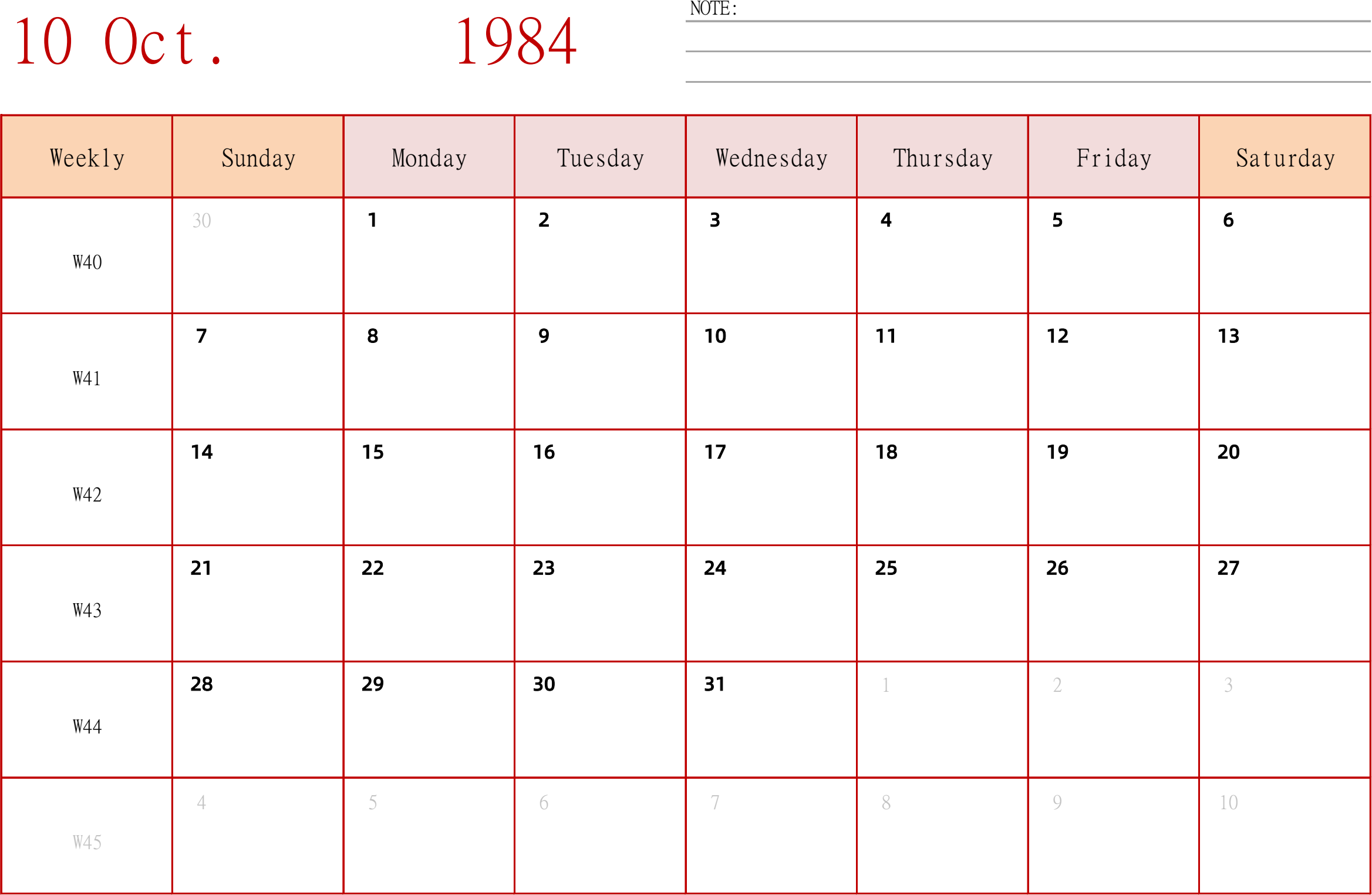 日历表1984年日历 英文版 横向排版 周日开始 带周数